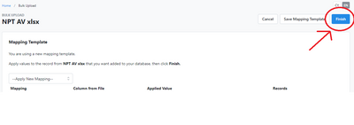 Image showing where the Finish button is on Bulk Uploads