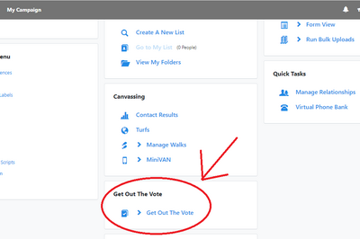 Image displays an arrow pointing towards the bottom centre of the Connect Main Menu. This is where the Get Out the Vote section is