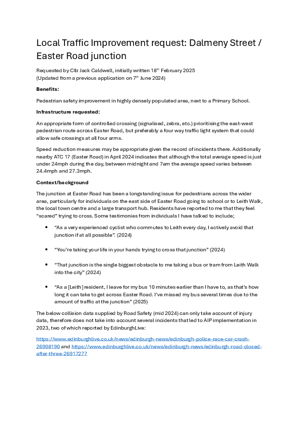 A document of the Local Transport Improvement scheme application