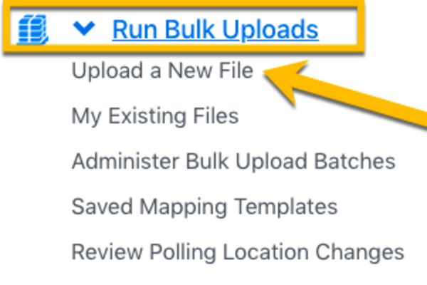 Photo displaying the location of Run Bulk Uploads in the Connect main menu